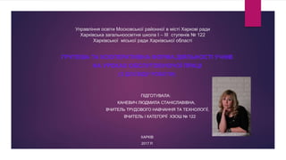 Управління освіти Московської районної в місті Харкові ради
Харківська загальноосвітня школа I – III ступенів № 122
Харківської міської ради Харківської області
ГРУПОВА ТА КООПЕРАТИВНА ФОРМА ДІЯЛЬНОСТІ УЧНІВ
НА УРОКАХ ОБСЛУГОВУЮЧОЇ ПРАЦІ
(З ДОСВІДУ РОБОТИ)
ПІДГОТУВАЛА:
КАНЕВИЧ ЛЮДМИЛА СТАНІСЛАВІВНА,
ВЧИТЕЛЬ ТРУДОВОГО НАВЧАННЯ ТА ТЕХНОЛОГІЇ,
ВЧИТЕЛЬ I КАТЕГОРІЇ ХЗОШ № 122
ХАРКІВ
2017 Р.
 