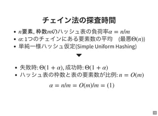 13
チェイン法の探査時間
ハッシュ表の負荷率
: 1つのチェインにある要素数の平均 (最悪 )
単純一様ハッシュ仮定(Simple Uniform Hashing)
n要素, 枠数mの α = n/m
α Θ(n)

失敗時: , 成功時:
ハッシュ表の枠数と表の要素数が比例:
Θ(1 + α) Θ(1 + α)
n = O(m)
α = n/m = O(m)/m = (1)
 