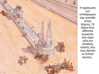 Η οργάνωση
των
ιπποδρομιών
είχε ανατεθεί
στους
Δήμους. Οι
Δήμοι ήταν
αθλητικά
σωματεία,
που είχαν
μέλη και
οπαδούς
πολίτες που
τους άρεσαν
οι ιππικοί
αγώνες.
 