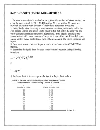 3.4.2. ONE-POINT LIQUID LIMIT—METHOD B
1) Proceed as described in method A except that the number of blows required to
close the groove shall be 20 to 30. If less than 20 or more than 30 blows are
required, adjust the water content of the soil and repeat the procedure.
2) Immediately after removing a water content specimen, reform the soil in the
cup, adding a small amount of soil to make up for that lost in the grooving and
water content sampling orientations. Repeat and, if the second closing of the
groove requires the same number of drops orno more than two drops difference,
secure another water content specimen. Otherwise, remix the entire specimen and
repeat.
3) Determine water contents of specimens in accordance with ASTM D2216
method.
4) determine the liquid limit for each water content specimen using following
equations :
LL = W
n
(N/25)0.121
or
LL
= K W
n
5) the liquid limit is the average of the two trial liquid limit values.
Table 2.1
 