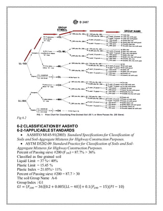 Fig 6.2
6-2 CLASSIFICATIONBY AASHTO
6-2-1APPLICABLE STANDARDS
 AASHTO M145-91(2003) Standard Specificationsfor Classification of
Soils and Soil-AggregateMixtures for HighwayConstruction Purposes.
 ASTM D3282-09 StandardPractice for Classification of Soils and Soil-
AggregateMixtures for HighwayConstruction Purposes.
Percent of Passing sieve #200 (F200) = 87.7% > 36%
Classified as fine grained soil
Liquid Limit = 37 %< 40%
Plastic Limit = 15.45 %
Plastic Index = 21.05%> 11%
Percent of Passing sieve #200 = 87.7 > 30
The soil Group Name A-6
Group Index : G1
𝐺𝐼 = ( 𝐹200 − 36)[0.2 + 0.005( 𝐿𝐿 − 40)]+ 0.1(𝐹200 − 15)(𝑃𝐼 − 10)
 