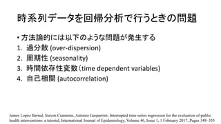 rϵХǩ`؎ФȤΆ}
? ՓĤˤ¤Τ褦ʆ}k
1. ^ɢ (over-dispersion)
2.  (seasonality)
3. rgԉtime dependent variables)
4. Լv (autocorrelation)
James Lopez Bernal, Steven Cummins, Antonio Gasparrini; Interrupted time series regression for the evaluation of public
health interventions: a tutorial, International Journal of Epidemiology, Volume 46, Issue 1, 1 February 2017, Pages 348C355
 