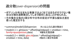 ^ɢ(over-dispersion)Ά}
? ݥֲϤޤǤϤ褯ƤϤޤ뤬Ǥʤ
ϤϷɢ^ƶƤޤAˤ뤳Ȥ֪롣
? ΈϤؓ2헷ֲֲ΁ҪʔMȶȤ
ʹäƶ򤹤
? summary(model1)$dispersion #1.5Ϥʤ^ɢ
? model2.1 <- glm(aces ~ offset(log(stdpop)) + smokban + time,
family=quasipoisson,data) #MȶȻ؎
? model2.2 <- MASS::glm.nb(aces ~ offset(log(stdpop)) +
smokban + time, data) #ؓζ헷ֲ؎
 