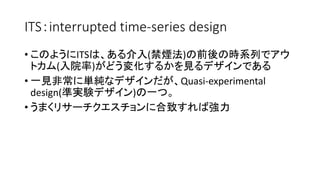 ITSinterrupted time-series design
? Τ褦ITSϡ()ǰΕrϵФǥ
ȥ(Ժ)ɤ仯뤫ҊǥǤ
? һҊǳ˅gʥǥQuasi-experimental
design(ʌgYǥ)һġ
? ޤꥵ`˺¤Џ
 