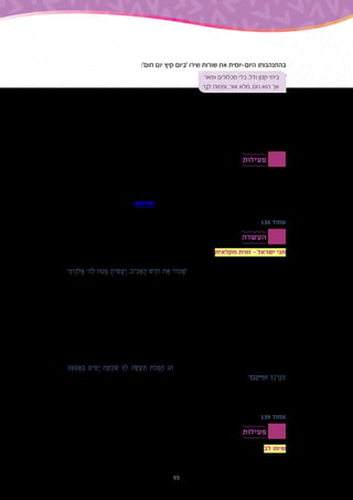 95
:'‫חום‬ ‫יום‬ ‫קיץ‬ ‫'ביום‬ ‫שירו‬ ‫שורות‬ ‫את‬ ‫היום-יומית‬ ‫בהתנהגותו‬
‫ופאר‬ ‫מכלולים‬ ‫בלי‬ ,‫ודל‬ ‫קטן‬ ‫ביתי‬
.‫ר‬ ֵ‫לג‬ ‫ופתוח‬ ,‫אור‬ ‫מלא‬ ,‫חם‬ ‫הוא‬ ‫אך‬
,‫סופרים‬ ‫למען‬ ‫ביאליק‬ ‫שארגן‬ ‫צדקה‬ ‫למגביות‬ ‫להצטרף‬ ‫נהג‬ ‫כיצד‬ ‫פיכמן‬ ‫תיאר‬ ‫זה‬ ‫בהקשר‬
,‫במצווה‬ ‫אותי‬ ‫משתף‬ ‫'היה‬ :‫לחמם‬ ‫מטה‬ ‫שנשבר‬ ‫או‬ ‫למשכב‬ ‫שנפלו‬ ‫אחרים‬ ‫ונזקקים‬ ‫מורים‬
‫שידם‬ ‫הבתים‬ ‫בעלי‬ ‫אותם‬ ‫אל‬ ‫פנינו‬ ‫את‬ ‫ושמים‬ ‫האדומה‬ ‫המטפחת‬ ‫את‬ ‫לוקחים‬ ‫היינו‬ ‫ויחד‬
‫שישמש‬ ‫כדי‬ ,‫הגון‬ ‫בסכום‬ ‫מתחייב‬ ‫והיה‬ ,‫שמו‬ ‫את‬ ‫רושם‬ ‫היה‬ ‫התורמים‬ ‫בראש‬ ]...[ .‫פתוחה‬
‫שמואל‬ ‫של‬ ‫מאמר‬ ‫(מתוך‬ '‫פנינו‬ ‫את‬ ‫שישיב‬ ‫איש‬ ‫נמצא‬ ‫לא‬ ‫ואומנם‬ ]...[ .‫לאחרים‬ ‫דוגמה‬
.)‫הארץ‬ ,‫אבנרי‬
‫פעילות‬
‫להביא‬ ‫מהילדים‬ ‫לבקש‬ ‫אפשר‬ .‫השנה‬ ‫עונות‬ ‫על‬ ‫נכתבו‬ ‫רבים‬ ‫וסיפורים‬ ‫אגדות‬ ,‫שירים‬
‫לאופן‬ ‫דומה‬ ‫בשיר‬ ‫שמתואר‬ ‫מה‬ ‫אם‬ ‫יחד‬ ‫ולבדוק‬ ‫עליהם‬ ‫החביבה‬ ‫העונה‬ ‫על‬ ‫שיר‬ ‫לכיתה‬
.‫ממנו‬ ‫שונה‬ ‫או‬ ‫העונה‬ ‫את‬ ‫חווים‬ ‫הם‬ ‫שבו‬
.‫שירונט‬ ‫באתר‬ ‫למצוא‬ ‫אפשר‬ ‫השנה‬ ‫עונות‬ ‫בנושא‬ ‫רבים‬ ‫שירים‬
138 ‫עמוד‬
‫העשרה‬
‫חקלאית‬ ‫זווית‬ - ‫ישראל‬ ‫חגי‬
‫חזל‬ .'‫האביב‬ ‫'חג‬ ‫גם‬ ‫מכונה‬ ‫והוא‬ ,‫השנה‬ ‫לעונות‬ ‫הדוק‬ ‫קשר‬ ‫קשור‬ ‫הפסח‬ ‫חג‬ :‫הפסח‬ ‫חג‬
'‫יָך‬ ֶ‫ֹלה‬ ֱ‫א‬ '‫ה‬ ַ‫ל‬ ‫ח‬ ַ‫ס‬ ֶ‫ּפ‬ ָ‫ית‬ ִ‫ׂש‬ ָ‫ע‬ ְ‫ו‬ ,‫יב‬ ִ‫ב‬ ָ‫א‬ ָ‫ה‬ ‫ׁש‬ ֶ‫ֹד‬‫ח‬ ‫ת‬ ֶ‫א‬ ‫מֹור‬ ָ‫'ׁש‬ ‫בפסוק‬ ‫השנה‬ ‫את‬ ‫ּבר‬ ַ‫לע‬ ‫החובה‬ ‫את‬ ‫תלו‬
.‫האביב‬ ‫בעונת‬ ‫יחול‬ ‫הפסח‬ ‫שחג‬ ‫לכך‬ ‫מיוחד‬ ‫ציווי‬ ‫בפסוק‬ ‫ראו‬ ‫הם‬ .)‫א‬ ,‫טז‬ ‫(דברים‬
‫מתחילים‬ ,‫החג‬ ‫של‬ ‫הראשון‬ ‫היום‬ ‫בצאת‬ ,‫בלילה‬ .‫העומר‬ ‫קורבן‬ ‫את‬ ‫מקריבים‬ ‫הפסח‬ ‫בחג‬
‫ביום‬ ‫המקדש‬ ‫אל‬ ‫מביאים‬ ‫היו‬ ‫שנקצר‬ ‫הראשון‬ ‫השעורים‬ ‫קומץ‬ ‫ואת‬ ,‫השעורים‬ ‫את‬ ‫לקצור‬
.‫בניסן‬ ‫טז‬
.‫השבועות‬ ‫חג‬ ‫שסופה‬ ,)‫ימים‬ 49( ‫העומר‬ ‫ספירת‬ ‫את‬ ‫סופרים‬ ‫היו‬ ‫השעורים‬ ‫הקרבת‬ ‫לאחר‬
‫הביכורים‬ .‫חיטים‬ ‫לחם‬ - ‫הלחם‬ ‫שני‬ ‫קורבן‬ ‫את‬ ‫מקריבים‬ ‫היו‬ ‫ובו‬ ,‫הקציר‬ ‫חג‬ ‫גם‬ ‫נקרא‬ ‫החג‬
‫המקדש‬ ‫לבית‬ ‫מעלים‬ ‫היו‬ ‫ואותו‬ ,‫המינים‬ ‫שבעת‬ ‫פירות‬ ‫של‬ ‫הראשון‬ ‫היבול‬ ‫או‬ ,‫הפירות‬ ‫הם‬
.‫חיטה‬ ‫המקדש‬ ‫לבית‬ ‫העלו‬ ‫השבועות‬ ‫בחג‬ .‫הסוכות‬ ‫לחג‬ ‫ועד‬ ‫השבועות‬ ‫מחג‬
‫התבואה‬ ‫את‬ ‫אוספים‬ ‫היו‬ ‫זה‬ ‫בזמן‬ .‫הקציר‬ ‫ימי‬ ‫את‬ ‫מסכם‬ ‫הוא‬ .‫האסיף‬ ‫חג‬ ‫הוא‬ ‫הסוכות‬ ‫חג‬
‫ָך‬ ְ‫ּפ‬ ְ‫ס‬ ָ‫א‬ ְ‫ּב‬ ‫ים‬ ִ‫מ‬ ָ‫י‬ ‫ת‬ ַ‫ע‬ ְ‫ב‬ ִ‫ׁש‬ ‫ָך‬ ְ‫ל‬ ‫ה‬ ֶ‫ׂש‬ ֲ‫ע‬ ַ‫ּת‬ ‫ֹת‬‫ּכ‬ ֻ‫ּס‬ ַ‫ה‬ ‫ג‬ ַ‫ח‬( ‫הגפנים‬ ‫של‬ ‫הבציר‬ ‫תקופת‬ ‫גם‬ ‫וזו‬ ,‫לאסמים‬
.)‫ָך‬ ֶ‫ב‬ ְ‫ק‬ ִ‫ּי‬ ִ‫ּומ‬ ‫ָך‬ ְ‫נ‬ ְ‫ר‬ ָ‫ּג‬ ִ‫מ‬
‫גם‬ ‫מתאפיין‬ ‫והוא‬ ,‫המתקרב‬ ‫והסתיו‬ ‫הבא‬ ‫החקלאי‬ ‫המחזור‬ ‫לקראת‬ ‫הכנה‬ ‫גם‬ ‫הוא‬ ‫זה‬ ‫חג‬
.)‫ב‬ ,‫א‬ ‫השנה‬ ‫ראש‬ ,‫(משנה‬ '‫המים‬ ‫על‬ ‫נידונים‬ ]‫[הסוכות‬ ‫'ובחג‬ - ‫הגשם‬ ‫על‬ ‫ובבקשה‬ ‫בתפילה‬
139 ‫עמוד‬
‫פעילות‬
‫שהילדה‬ ‫כפי‬ ,‫הדדית‬ ‫לערבות‬ ‫מובהק‬ ‫ביטוי‬ ‫הוא‬ ‫הגשמים‬ ‫לבקשת‬ ‫שנקבע‬ ‫הזמן‬ ‫לב‬ ‫שימו‬
.‫מתארת‬ ‫העמוד‬ ‫בתחתית‬
 
