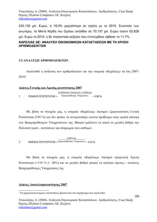 Τσικολάτας Α. (2004). Ανάλυση Οικονομικών Καταστάσεων. Αριθμοδείκτες. Case Study
Όμιλος Πλαίσιο Computers AE, Κοζάνη
tsikolatas@gmail.com
242.139 χιλ. Ευρώ, ή 18,0% χαμηλότερο σε σχέση με το 2010. Συνεπεία των
ανωτέρω, τα Μικτά Κέρδη του Ομίλου ανήλθαν σε 70.157 χιλ. Ευρώ έναντι 62.828
χιλ. Ευρώ το 2010, η δε ποσοστιαία αύξηση που επιτεύχθηκε έφθασε το 11,7%.
ΚΑΡΕΛΙΑΣ ΑΕ: ΑΝΑΛΥΣΗ ΟΙΚΟΝΟΜΙΚΩΝ ΚΑΤΑΣΤΑΣΕΩΝ ΜΕ ΤΗ ΧΡΗΣΗ
ΑΡΙΘΜΟΔΕΙΚΤΩΝ
3.3 ΑΝΑΛΥΣΗ ΑΡΙΘΜΟΔΕΙΚΤΩΝ
Ακολουθεί η ανάλυση των αριθμοδεικτών για την εταιρεία «Καρέλιας» τα έτη 2007-
20101
.
Δείκτες Γενικής και Άμεσης ρευστότητας 2007
1 ΓΕΝΙΚΗΣ ΡΕΥΣΤΟΤΗΤΑΣ = = 338 %
Με βάση τα στοιχεία μας, η εταιρεία «Καρέλιας» διατηρεί εξαιρετικότατη Γενική
Ρευστότητα (338 %) και δεν πρέπει να αντιμετωπίζει κανένα πρόβλημα στην ομαλή κάλυψη
των Βραχυπρόθεσμων Υποχρεώσεων της. Μπορεί (μάλλον) να ασκεί σε μεγάλο βαθμό την
Πολιτική τιμών , πιστώσεων και πληρωμών που επιθυμεί.
2 ΑΜΕΣΗΣ ΡΕΥΣΤΟΤΗΤΑΣ = = 116 %
Με βάση τα στοιχεία μας, η εταιρεία «Καρέλιας» διατηρεί εξαιρετική Άμεση
Ρευστότητα (=116 % (> 20%) και σε μεγάλο βαθμό μπορεί να καλύψει άμεσες - έκτακτες
Βραχυπρόθεσμες Υποχρεώσεις της.
Δείκτες Αποτελεσματικότητας 2007
1
Οι χρηματοοικονομικές καταστάσεις βρίσκονται στο παράρτημα που ακολουθεί
159
Τσικολάτας Α. (2004). Ανάλυση Οικονομικών Καταστάσεων. Αριθμοδείκτες. Case Study
Όμιλος Πλαίσιο Computers AE, Κοζάνη
tsikolatas@gmail.com
 