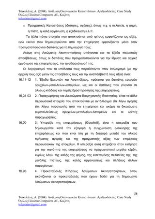 Τσικολάτας Α. (2004). Ανάλυση Οικονομικών Καταστάσεων. Αριθμοδείκτες. Case Study
Όμιλος Πλαίσιο Computers AE, Κοζάνη
tsikolatas@gmail.com
o Πραγματικές Καταστάσεις (ιδιότητες, σχέσεις), όπως π.χ. η πελατεία, η φήμη,
η πίστη, η καλή οργάνωση, η εξειδίκευση κ.λ.π.
Τα άϋλα πάγια στοιχεία που αποκτούνται από τρίτους εμφανίζονται ως αξίες,
ενώ εκείνα που δημιουργούνται από την επιχείρηση εμφανίζονται μόνο όταν
πραγματοποιούνται δαπάνες για τη δημιουργία τους.
Ακόμη στις Ασώματες Ακινητοποιήσεις υπάγονται και τα έξοδα πολυετούς
αποσβέσεως, όπως οι δαπάνες που πραγματοποιούνται για την ίδρυση και αρχική
οργάνωση της επιχειρήσεως, την αναδιοργάνωσή της.
Οι λογαριασμοί που τα υπόλοιπά τους παραθέτονται στον Ισολογισμό (με την
αρχική τους αξία μείον τις αποσβέσεις τους και την αναπόσβεστή τους αξία) είναι:
16,11-12 1. Έξοδα Ερευνών και Αναπτύξεως, πρόκειται για δαπάνες ερευνών
ορυχείων-μεταλλείων-λατομείων, ως και οι δαπάνες που γίνονται σε
άλλους κλάδους και τομείς δραστηριότητας της επιχειρήσεως.
16,01-03 2. Παραχωρήσεις και Δικαιώματα Βιομηχανικής Ιδιοκτησίας, είναι τα άϋλα
περιουσιακά στοιχεία που αποκτούνται με αντάλλαγμα είτε λόγω αγοράς
είτε λόγω παραγωγής από την επιχείρηση και ακόμη τα δικαιώματα
εκμεταλλεύσεως ορυχείων-μεταλλείων-λατομείων και οι λοιπές
παραχωρήσεις,
16,00 3. Υπεραξία της επιχειρήσεως (Goodwill), είναι η υπεραξία που
δημιουργείται κατά την εξαγορά ή συγχώνευση ολόκληρης της
επιχειρήσεως και που είναι ίση με τη διαφορά μεταξύ του ολικού
τιμήματος αγοράς και της πραγματικής αξίας των επιμέρους
περιουσιακών της στοιχείων. Η υπεραξία αυτή στηρίζεται στην εκτίμηση
για την ικανότητα της επιχειρήσεως να πραγματοποιεί μεγάλα κέρδη,
κυρίως λόγω της καλής της φήμης, της εκτεταμένης πελατείας της, της
μεγάλης πίστεως, της καλής οργανώσεως και πλήθους άλλων
παραγόντων.
16.98 4. Προκαταβολές Κτήσεως Ασώματων Ακινητοποιήσεων, όπου
εικονίζονται οι προκαταβολές που έχουν δοθεί για τη δημιουργία
Ασώματων Ακινητοποιήσεων.
28
Τσικολάτας Α. (2004). Ανάλυση Οικονομικών Καταστάσεων. Αριθμοδείκτες. Case Study
Όμιλος Πλαίσιο Computers AE, Κοζάνη
tsikolatas@gmail.com
 