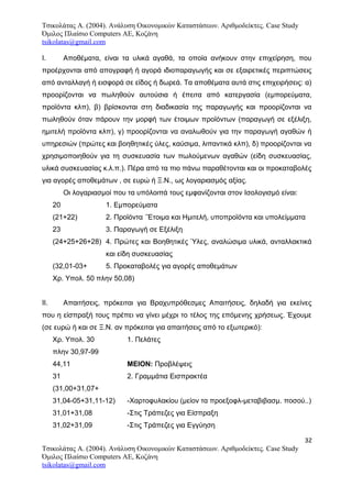 Τσικολάτας Α. (2004). Ανάλυση Οικονομικών Καταστάσεων. Αριθμοδείκτες. Case Study
Όμιλος Πλαίσιο Computers AE, Κοζάνη
tsikolatas@gmail.com
Ι. Αποθέματα, είναι τα υλικά αγαθά, τα οποία ανήκουν στην επιχείρηση, που
προέρχονται από απογραφή ή αγορά ιδιοπαραγωγής και σε εξαιρετικές περιπτώσεις
από ανταλλαγή ή εισφορά σε είδος ή δωρεά. Τα αποθέματα αυτά στις επιχειρήσεις: α)
προορίζονται να πωληθούν αυτούσια ή έπειτα από κατεργασία (εμπορεύματα,
προϊόντα κλπ), β) βρίσκονται στη διαδικασία της παραγωγής και προορίζονται να
πωληθούν όταν πάρουν την μορφή των έτοιμων προϊόντων (παραγωγή σε εξέλιξη,
ημιτελή προϊόντα κλπ), γ) προορίζονται να αναλωθούν για την παραγωγή αγαθών ή
υπηρεσιών (πρώτες και βοηθητικές ύλες, καύσιμα, λιπαντικά κλπ), δ) προορίζονται να
χρησιμοποιηθούν για τη συσκευασία των πωλούμενων αγαθών (είδη συσκευασίας,
υλικά συσκευασίας κ.λ.π.). Πέρα από τα πιο πάνω παραθέτονται και οι προκαταβολές
για αγορές αποθεμάτων , σε ευρώ ή Ξ.Ν., ως λογαριασμός αξίας.
Οι λογαριασμοί που τα υπόλοιπά τους εμφανίζονται στον Ισολογισμό είναι:
20 1. Εμπορεύματα
(21+22) 2. Προϊόντα ΄Έτοιμα και Ημιτελή, υποπροϊόντα και υπολείμματα
23 3. Παραγωγή σε Εξέλιξη
(24+25+26+28) 4. Πρώτες και Βοηθητικές Ύλες, αναλώσιμα υλικά, ανταλλακτικά
και είδη συσκευασίας
(32,01-03+ 5. Προκαταβολές για αγορές αποθεμάτων
Χρ. Υπολ. 50 πλην 50,08)
ΙΙ. Απαιτήσεις, πρόκειται για Βραχυπρόθεσμες Απαιτήσεις, δηλαδή για εκείνες
που η είσπραξή τους πρέπει να γίνει μέχρι το τέλος της επόμενης χρήσεως. Έχουμε
(σε ευρώ ή και σε Ξ.Ν. αν πρόκειται για απαιτήσεις από το εξωτερικό):
Χρ. Υπολ. 30 1. Πελάτες
πλην 30,97-99
44,11 ΜΕΙΟΝ: Προβλέψεις
31 2. Γραμμάτια Εισπρακτέα
(31,00+31,07+
31,04-05+31,11-12) -Χαρτοφυλακίου (μείον τα προεξοφλ-μεταβιβασμ. ποσού..)
31,01+31,08 -Στις Τράπεζες για Είσπραξη
31,02+31,09 -Στις Τράπεζες για Εγγύηση
32
Τσικολάτας Α. (2004). Ανάλυση Οικονομικών Καταστάσεων. Αριθμοδείκτες. Case Study
Όμιλος Πλαίσιο Computers AE, Κοζάνη
tsikolatas@gmail.com
 