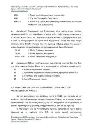 Τσικολάτας Α. (2004). Ανάλυση Οικονομικών Καταστάσεων. Αριθμοδείκτες. Case Study
Όμιλος Πλαίσιο Computers AE, Κοζάνη
tsikolatas@gmail.com
38,00 1. Ταμείο (μετρητά και επιταγές εισπρακτέες)
38,02 2. Ληγμένα Τοκομερίδια Εισπρακτέα
38,03-06 3. Καταθέσεις Όψεως και Προθεσμίας (οι καταθέσεις προθεσμίας
εφόσον δεν είναι δεσμευμένες).
V. Μεταβατικοί Λογαριασμοί του Ενεργητικού, είναι εκείνοι στους οποίους
εικονίζονται τα έξοδα που πληρώθηκαν μέσα στη χρήση, αλλά ανήκουν στην επόμενη
ή επόμενες και τα έσοδα που ανήκουν στη χρήση και δεν εισπράχθηκαν ούτε ήταν
δυνατό να καταχωρηθούν σε προσωπικό λογαριασμό, επειδή δεν ήταν ακόμη
απαιτητά. Είναι δηλαδή στοιχεία που την αμέσως επόμενη χρονιά θα αλλάξουν
μορφή, θα γίνουν είτε κυκλοφορούν είτε πάγιο ενεργητικό. Eμφανίζονται ως:
36,00 1. Έξοδα Επόμενων Χρήσεων
36,01 2. Έσοδα Χρήσεως Εισπρακτέα
Υπολ. Λ/36 3. Λοιποί Μεταβατικοί Λογαριασμοί
VI. Λογαριασμοί Τάξεως του Ενεργητικού, είναι στοιχεία τα οποία δεν είναι δικά
μας, απλά τα καταγράφουμε. Όπως και οι λογαριασμοί του παθητικού, παραθέτονται:
01 1. Αλλότρια περιουσιακά στοιχεία
02 2. Χρεωστικοί λογαριασμοί εγγυήσεων και εμπράγματων ασφαλειών
03 3. Απαιτήσεις από αμφοτεροβαρείς συμβάσεις
04 4. Λοιποί λογαριασμοί τάξεως
1.5. ΑΝΑΛΥΤΙΚΗ ΕΞΕΤΑΣΗ ΠΡΟΣΑΡΤΗΜΑΤΟΣ ΙΣΟΛΟΓΙΣΜΟΥ ΚΑΙ
ΑΠΟΤΕΛΕΣΜΑΤΩΝ ΧΡΗΣΕΩΣ
Με την τροποποίηση των διατάξεων του Ν. 2190/20, των σχετικών με την
κατάρτιση του Ισολογισμού και των Αποτελεσμάτων Χρήσης, με τις οποίες ο νόμος
προσαρμόστηκε στις αντίστοιχες διατάξεις της Ε.Ε., εισήχθησαν και στη χώρα μας οι
διεθνείς πρακτικές των χωρών της Δύσης (τόσο για Α.Ε. όσο και για τις ΕΠΕ).
Ο Ισολογισμός και τα Αποτελέσματα Χρήσης, καταρτίζονται τώρα βασικά
σύμφωνα με τα ισχύοντα στην Ε.Ε. τα οποία αρκετά ικανοποιητικά
34
Τσικολάτας Α. (2004). Ανάλυση Οικονομικών Καταστάσεων. Αριθμοδείκτες. Case Study
Όμιλος Πλαίσιο Computers AE, Κοζάνη
tsikolatas@gmail.com
Α
 