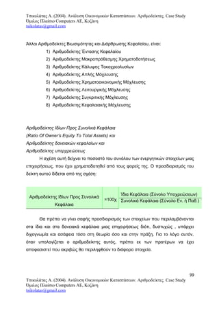 Τσικολάτας Α. (2004). Ανάλυση Οικονομικών Καταστάσεων. Αριθμοδείκτες. Case Study
Όμιλος Πλαίσιο Computers AE, Κοζάνη
tsikolatas@gmail.com
Άλλοι Αριθμοδείκτες Βιωσιμότητας και Διάρθρωσης Κεφαλαίου, είναι:
1) Αριθμοδείκτης Έντασης Κεφαλαίου
2) Αριθμοδείκτης Μακροπρόθεσμης Χρηματοδοτήσεως
3) Αριθμοδείκτης Κάλυψης Τοκοχρεολυσίων
4) Αριθμοδείκτης Απλής Μόχλευσης
5) Αριθμοδείκτης Χρηματοοικονομικής Μόχλευσης
6) Αριθμοδείκτης Λειτουργικής Μόχλευσης
7) Αριθμοδείκτης Συγκριτικής Μόχλευσης
8) Αριθμοδείκτης Κεφαλαιακής Μόχλευσης
Αριθμοδείκτης Ιδίων Προς Συνολικά Κεφάλαια
(Ratio Of Owner’s Equity To Total Assets) και
Αριθμοδείκτης δανειακών κεφαλαίων και
Αριθμοδείκτης υπερχρεώσεως
Η σχέση αυτή δείχνει το ποσοστό του συνόλου των ενεργητικών στοιχείων μιας
επιχειρήσεως, που έχει χρηματοδοτηθεί από τους φορείς της. Ο προσδιορισμός του
δείκτη αυτού δίδεται από της σχέση:
Αριθμοδείκτης Ιδίων Προς Συνολικά
Κεφάλαια
=100χ
Ίδια Κεφάλαια (Σύνολο Υποχρεώσεων)
Συνολικά Κεφάλαια (Σύνολο Εν. ή Παθ.)
Θα πρέπει να γίνει σαφής προσδιορισμός των στοιχείων που περιλαμβάνονται
στα ίδια και στα δανειακά κεφάλαια μιας επιχειρήσεως διότι, δυστυχώς , υπάρχει
διχογνωμία και ασάφεια τόσο στη θεωρία όσο και στην πράξη. Για το λόγο αυτόν,
όταν υπολογίζεται ο αριθμοδείκτης αυτός, πρέπει εκ των προτέρων να έχει
αποφασιστεί που ακριβώς θα περιληφθούν τα διάφορα στοιχεία.
99
Τσικολάτας Α. (2004). Ανάλυση Οικονομικών Καταστάσεων. Αριθμοδείκτες. Case Study
Όμιλος Πλαίσιο Computers AE, Κοζάνη
tsikolatas@gmail.com
 
