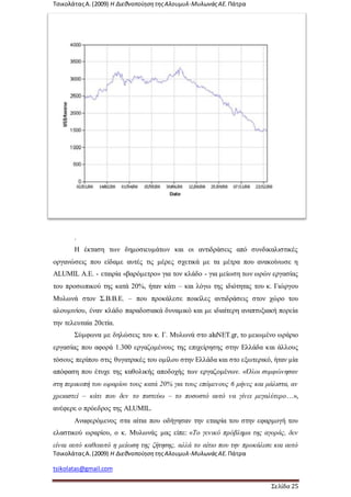 ΤσικολάταςΑ.(2009) Η ΔιεθνοποίησητηςΑλουμυλ-ΜυλωνάςΑΕ. Πάτρα
tsikolatas@gmail.com
ΤσικολάταςΑ.(2009) Η ΔιεθνοποίησητηςΑλουμυλ-ΜυλωνάςΑΕ. Πάτρα
tsikolatas@gmail.com
Σελίδα 25
.
Η έκταση των δημοσιευμάτων και οι αντιδράσεις από συνδικαλιστικές
οργανώσεις που είδαμε αυτές τις μέρες σχετικά με τα μέτρα που ανακοίνωσε η
ALUMIL Α.Ε. - εταιρία «βαρόμετρο» για τον κλάδο - για μείωση των ωρών εργασίας
του προσωπικού της κατά 20%, ήταν κάτι – και λόγω της ιδιότητας του κ. Γιώργου
Μυλωνά στον Σ.Β.Β.Ε. – που προκάλεσε ποικίλες αντιδράσεις στον χώρο του
αλουμινίου, έναν κλάδο παραδοσιακά δυναμικό και με ιδιαίτερη αναπτυξιακή πορεία
την τελευταία 20ετία.
Σύμφωνα με δηλώσεις του κ. Γ. Μυλωνά στο aluNET.gr, το μειωμένο ωράριο
εργασίας που αφορά 1.300 εργαζομένους της επιχείρησης στην Ελλάδα και άλλους
τόσους περίπου στις θυγατρικές του ομίλου στην Ελλάδα και στο εξωτερικό, ήταν μία
απόφαση που έτυχε της καθολικής αποδοχής των εργαζομένων. «Όλοι συμφώνησαν
στη περικοπή του ωραρίου τους κατά 20% για τους επόμενους 6 μήνες και μάλιστα, αν
χρειαστεί – κάτι που δεν το πιστεύω – το ποσοστό αυτό να γίνει μεγαλύτερο…»,
ανέφερε ο πρόεδρος της ALUMIL.
Αναφερόμενος στα αίτια που οδήγησαν την εταιρία του στην εφαρμογή του
ελαστικού ωραρίου, ο κ. Μυλωνάς μας είπε: «Το γενικό πρόβλημα της αγοράς, δεν
είναι αυτό καθεαυτό η μείωση της ζήτησης, αλλά το αίτιο που την προκάλεσε και αυτό
 