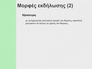 Μορφές εκδήλωσης (2)
Εξαπάτηση
με τη δημιουργία πολλαπλών προφίλ του θύματος, αποστολή
μηνυμάτων σε άλλους εκ μέρους του θύματος.
 