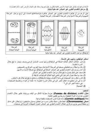 ‫ٚاألسع_اٌعضء‬ ‫اٌح١اج‬ ٍَٛ‫ػ‬ ‫ذعش٠ث١ح_ِسٍه‬ ٍَٛ‫تىاٌٛس٠ا_ػ‬ ‫ٚاألسع_اٌصأ١ح‬ ‫اٌح١اج‬ ٍَٛ‫تٍحاض_ػ‬ ‫أ٠د‬ ُ١٘‫إتشا‬ ‫األسرار‬2/6ً‫_اٌفظ‬1/3
‫طفحح‬6ِٓ7
.2-.‫َجبتُخ‬ ‫خهُخ‬ ‫عُذ‬ ‫انًجبشر‬ ‫غُر‬ ٌ‫انخهى‬ ‫االَقسبو‬ ‫يراحم‬
ٌ‫إ‬ ‫لسّد‬ ‫ِرٛاطٍح،فئٔٙا‬ ‫ظا٘شج‬ ‫اٌّثاشش‬ ‫غ١ش‬ ٍٞٛ‫اٌخ‬ َ‫االٔمسا‬ ‫ظا٘شج‬ ْ‫أ‬ ِٓ ُ‫اٌشغ‬ ٍٝ‫ػ‬‫أست‬ ٝ‫اٌّشحٍح‬ :ً‫ِشاح‬ ‫غ‬
ٚ ‫اٌرّٙ١ذ٠ح‬‫االسرٛائ١ح‬ ‫اٌّشحٍح‬ٚ‫االٔفظاٌ١ح‬ ‫اٌّشحٍح‬ٚ.‫إٌٙائ١ح‬ ‫اٌّشحٍح‬
‫اٌّشحٍح‬
‫اٌرّٙ١ذ٠ح‬
‫اٌّشحٍح‬
‫اال‬١‫سرٛائ‬‫ح‬
‫اٌّشحٍح‬
‫اال‬‫ٔفظاٌ١ح‬
‫اٌّشحٍح‬
ٌ‫ا‬)‫(تذا٠ح‬ ‫ٕٙائ١ح‬
‫اٌّشحٍح‬
)‫(ٔٙا٠ح‬ ‫إٌٙائ١ح‬
‫اٌٛش١مح‬2‫خ‬ ‫ػٕذ‬ ‫اٌّثاشش‬ ‫غ١ش‬ ٍٞٛ‫اٌخ‬ َ‫االٔمسا‬ ً‫ِشاح‬ :.‫ٔثاذ١ح‬ ‫ٍ١ح‬
.
‫انىث‬ ‫استثًر‬ُ‫ق‬ٍُ‫ت‬.‫األسئهخ‬ ً‫عه‬ ‫وأجُت‬ ،
1)‫اٌٛش١مح‬ ٟ‫ف‬ ‫اٌّّصٍح‬ ‫اٌخال٠ا‬ ‫أشىاي‬ ‫اخرالف‬ ‫فسش‬1‫خالي‬ ‫٠مغ‬ ‫ِا‬ ‫تئ٠عاص‬ ‫اٌضِٕٟ،ٚطف‬ ً‫اٌرسٍس‬ ‫حسة‬ ‫،ٚسذثٙا‬
.‫اٌخٍٛ٠ح‬ ‫اٌذٚسج‬
2).ٓ١١‫ٚاٌظث١غ‬ ٞ‫اٌّشوض‬ ‫اٌعضٞء‬ ‫ِث١ٕا‬ ،‫االسرٛائ١ح‬ ‫اٌّشحٍح‬ ٟ‫ف‬ ‫طثغ١ا‬ ٟ‫ذخط١ط‬ ُ‫سس‬ ‫تٛاسطح‬ ً‫ِص‬
3)ِ ُ‫سس‬ ‫أػذ‬‫اٌّثاشش‬ ‫غ١ش‬ ٍٞٛ‫اٌخ‬ َ‫االٔمسا‬ ً‫شاح‬‫اٌٛش١مح‬ ٟ‫ف‬ ‫اٌّّصٍح‬2.ُٙ‫ٚاألس‬ ‫األسّاء‬ ‫إػافح‬ ‫ِغ‬ ،
4).‫اٌّثاشش‬ ‫غ١ش‬ ٍٞٛ‫اٌخ‬ َ‫االٔمسا‬ ً‫ِشاح‬ ‫خالي‬ ‫٠مغ‬ ‫ِا‬ ‫ظذٚي‬ ً‫شى‬ ٍٝ‫ػ‬ ‫طف‬
5)‫اٌٛش١مح‬ ‫ف‬ ‫اٌّشلّح‬ ‫اٌخال٠ا‬ ‫إٌ١ٙا‬ ّٟ‫ذٕر‬ ٟ‫اٌر‬ ً‫اٌّشاح‬ ‫ظذٚي‬ ‫تٛاسطح‬ ‫حذد‬1.
6)ٔٚ َ‫االٔمسا‬ ‫تذا٠ح‬ ٟ‫ف‬ ‫اٌظثغ١اخ‬ ‫ٚػذد‬ ً‫شى‬ ْ‫لاس‬ٗ‫ٙا٠ر‬‫(اٌٛش١مح‬2).ْٛ‫اٌسى‬ ‫فرشج‬ ‫خالي‬ ‫ٌٙا‬ ‫٠مغ‬ ‫ِا‬ ‫ٚاسرٕرط‬ ،
7)،‫اٌظثغ١اخ‬ ‫،ٚتاٌؼثؾ‬ ‫إٌٛاج‬ ْ‫أ‬ ‫ػٍّٕا‬ ‫إرا‬ ،‫اٌخٍٛ٠ح‬ ‫اٌذٚسج‬ ‫خالي‬ ٟ‫اٌٛساش‬ ‫اٌخثش‬ ‫أرماي‬ ‫ذّظٙشاخ‬ ْ‫إر‬ ٟ٘ ‫ِا‬
‫؟‬ ٟ‫اٌٛساش‬ ‫اٌخثش‬ ‫دػاِح‬ ٟ٘
8).‫اٌحظ١ٍح‬
.
:‫انًعجى‬
[ ‫االَقسبو‬ ‫يغزل‬Fuseau de division:]ِٓ ً‫اٌشى‬ ‫ِغضٌ١ح‬ ‫حضِح‬َ‫االٔمسا‬ ‫خالي‬ ‫ذظٙش‬ ،‫تشٚذ١ٕح‬ ‫أٌ١اف‬
.‫ٌٍخٍ١ح‬ ٓ١‫لطث‬ ٓ١‫ت‬ ‫ٚذشتؾ‬ ،‫اٌحم١م١ح‬ ‫إٌٛاج‬ ‫رٚاخ‬ ‫ػٕذ‬ ٍٞٛ‫اٌخ‬
‫يبدح‬[Carmin acétique:].‫ٔٛػ١ح‬ ‫تى١ف١ح‬ ‫اٌظثغ١اخ‬ ٍْٛ‫ذ‬ ‫ٍٛٔح‬ُِ ‫ِادج‬
[ ٍ‫صجغ‬Chromosome:]ٛ‫ِسر‬ ٍٝ‫ػ‬ ْ‫ٚ٠شذثطا‬ ،ٓ١١‫ُث١غ‬‫ط‬ ْ‫٠سّ١ا‬ ٓ١‫خ١ط‬ ِٓ ٖ‫تذٚس‬ ْٛ‫٠رى‬ ‫سّ١ه‬ ٍِْٛ ‫خ١ؾ‬
ّٝ‫ذس‬ ‫ِٕطمح‬ ٜ‫ظضٞء‬َ‫االٔمسا‬ ‫فخالي‬ .ٞ‫ِشوض‬ٍٞٛ‫اٌخ‬‫إٌٛٚ٠ح‬ ‫اٌخ١١طاخ‬ ‫ذرحٛي‬ ‫اٌّثاشش‬ ‫غ١ش‬ٌٝ‫إ‬‫طثغ١اخ‬.
 