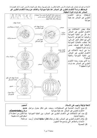 ‫ٚاألسع_اٌعضء‬ ‫اٌح١اج‬ ٍَٛ‫ػ‬ ‫ذعش٠ث١ح_ِسٍه‬ ٍَٛ‫تىاٌٛس٠ا_ػ‬ ‫ٚاألسع_اٌصأ١ح‬ ‫اٌح١اج‬ ٍَٛ‫تٍحاض_ػ‬ ‫أ٠د‬ ُ١٘‫إتشا‬ ‫األسرار‬2/6ً‫_اٌفظ‬1/3
‫طفحح‬7ِٓ7
‫انىحذح‬4:‫خهُخ‬ ‫عُذ‬ ‫انًجبشر‬ ‫غُر‬ ٌ‫انخهى‬ ‫االَقسبو‬ ‫دراسخ‬‫حُىاَُخ‬،ٍ‫ع‬ ‫وانكشف‬‫غُر‬ ٌ‫انخهى‬ ‫االَقسبو‬ ‫وحذح‬
‫انًجبشر‬.‫انحقُقخ‬ ‫انُىاح‬ ‫رواد‬ ‫عُذ‬
‫اٌٛش١مح‬1:َ‫االٔمسا‬ ً‫ِشاح‬
‫ا‬ ‫غ١ش‬ ٍٞٛ‫اٌخ‬‫خٍ١ح‬ ‫ػٕذ‬ ‫ٌّثاشش‬
‫ح١ٛأ١ح‬
ٓ١‫ت‬ ‫االخرالفاخ‬ ‫تؼغ‬ ‫ٕ٘ان‬
‫اٌّثاشش‬ ‫غ١ش‬ ٍٞٛ‫اٌخ‬ َ‫االٔمسا‬
‫اٌح١ٛأ١ح‬ ‫اٌخٍ١ح‬ ِٓ ً‫و‬ ‫ػٕذ‬
‫األساس١ح‬ ‫اٌظٛا٘ش‬ ‫أِا‬ .‫ٚإٌثاذ١ح‬
،ٟ‫اٌٛساش‬ ‫اٌخثش‬ ‫أرماي‬ ُٙ‫ذ‬ ٟ‫اٌر‬
‫اٌح١ٛأ١ح‬ ‫فاٌخال٠ا‬ ،‫ذخرٍف‬ ‫فال‬
ّٓ‫ػ‬ ‫ذظٕف‬ ‫وٍٙا‬ ‫ٚإٌثاذ١ح‬
.‫اٌحم١م١ح‬ ‫إٌٛاج‬ ‫رٚاخ‬
-ٗ‫أٚظ‬ ٟ٘ ‫ِا‬ٟ‫ف‬ ‫االخرالف‬
‫اٌّثاشش‬ ‫غ١ش‬ ٍٞٛ‫اٌخ‬ َ‫االٔمسا‬
‫ٚاٌخٍ١ح‬ ‫اٌح١ٛأ١ح‬ ‫اٌخٍ١ح‬ ٓ١‫ت‬
‫؟‬ ‫إٌثاذ١ح‬
-َ‫االٔمسا‬ ‫ٚحذج‬ ‫٠عسذ‬ ٞ‫اٌز‬ ‫ِا‬
‫رٚاخ‬ ‫ػٕذ‬ ‫اٌّثاشش‬ ‫غ١ش‬ ٍٞٛ‫اٌخ‬
‫؟‬ ‫اٌحم١م١ح‬ ‫إٌٛاج‬
:‫األسئهخ‬ ً‫عه‬ ‫وأجُت‬ ‫انىثُقخ‬ ‫أالحظ‬
1)ً‫ِشاح‬ ‫ظذٚي‬ ً‫شى‬ ٍٝ‫ػ‬ ‫ٚطف‬ ،‫اٌّسرط١الخ‬ ٟ‫ف‬ ‫إٌّاسثح‬ ‫األسّاء‬ ‫ػغ‬
‫االٔمسا‬.‫ح١ٛأ١ح‬ ‫خٍ١ح‬ ‫ػٕذ‬ ‫اٌّثاشش‬ ‫غ١ش‬ ٍٞٛ‫اٌخ‬ َ
2)١ٔ‫اٌح١ٛا‬ ‫اٌخٍ١ح‬ ٓ١‫ت‬ ،‫اٌّثاشش‬ ‫غ١ش‬ ٍٞٛ‫اٌخ‬ َ‫االٔمسا‬ ٟ‫ف‬ ‫االخرالفاخ‬ ُ٘‫أ‬ ‫حذد‬‫ح‬
.‫إٌثاذ١ح‬ ‫ٚاٌخٍ١ح‬
3)‫ٕ٘ان‬ ْ‫إ‬ ‫ُماي‬٠ ،‫اٌّثاشش‬ ‫غ١ش‬ ٍٞٛ‫اٌخ‬ َ‫االٔمسا‬ ‫خالي‬‫يطبثقب‬ ‫تكبثرا‬‫سطذ‬ُ‫ا‬ .‫ٌٍخال٠ا‬
.َٛٙ‫اٌّف‬ ‫٘زا‬ ‫ذٛػح‬ ٟ‫اٌر‬ ‫ٚاٌّظا٘ش‬ ‫األحذاز‬
4)‫اٌحظ١ٍح‬
‫ان‬:‫ًعجى‬
‫جسُى‬
[ٌ‫يركز‬Centriole:]
ٚ‫أ‬ ‫اسطٛأح‬ ِٓ ْٛ‫ذرى‬ ‫تٕ١ح‬
‫ؽث١ؼح‬ ‫راخ‬ ٓ١‫اسطٛأر‬
.‫تشٚذ١ٕ١ح‬
 