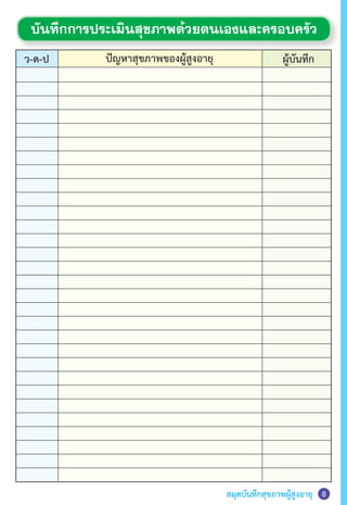สมุดบันทึกสุขภาพผู้สูงอายุ 8
บันทึกการประเมินสุขภาพด้วยตนเองและครอบครัว
ผู้บันทึกว-ด-ป ปัญหาสุขภาพของผู้สูงอายุ
 