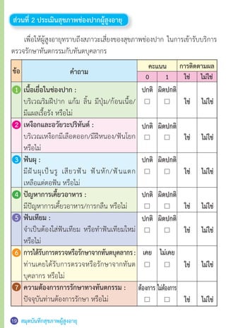 สมุดบันทึกสุขภาพผู้สูงอายุ
คะแนน
0 ใช่1 ไม่ใช่
การติดตามผล
ข้อ
ส่วนที่ 2 ประเมินสุขภาพช่องปากผู้สูงอายุ
ค�ำถาม
ปกติ ผิดปกติ
ใช่ ไม่ใช่
ปกติ ผิดปกติ
ใช่ ไม่ใช่
ปกติ ผิดปกติ
ใช่ ไม่ใช่
ปกติ ผิดปกติ
ใช่ ไม่ใช่
ปกติ ผิดปกติ
ใช่ ไม่ใช่
เคย ไม่เคย
ไม่ใช่
ต้องการ ไม่ต้องการ
ใช่ ไม่ใช่
	 เพื่อให้ผู้สูงอายุทราบถึงสภาวะเสี่ยงของสุขภาพช่องปาก ในการเข้ารับบริการ
ตรวจรักษาทันตกรรมกับทันตบุคลากร
1	 เนื้อเยื่อในช่องปาก :
	 บริเวณริมฝีปาก แก้ม ลิ้น มีปุ่ม/ก้อนเนื้อ/
	 มีแผลเรื้อรัง หรือไม่
2	 เหงือกและอวัยวะปริทันต์ :
	 บริเวณเหงือกมีเลือดออก/มีฝีหนอง/ฟันโยก
	 หรือไม่
3	 ฟันผุ :
	 มีฝันผุเป็นรู เสียวฟัน ฟันหัก/ฟันแตก
	 เหลือแต่ตอฟัน หรือไม่
4	 ปัญหาการเคี้ยวอาหาร :
	 มีปัญหาการเคี้ยวอาหาร/การกลืน หรือไม่
5	 ฟันเทียม :
	 จ�ำเป็นต้องใส่ฟันเทียม หรือท�ำฟันเทียมใหม่
	 หรือไม่
6	 การได้รับการตรวจหรือรักษาจากทันตบุคลากร:
	 ท่านเคยได้รับการตรวจหรือรักษาจากทันต
	 บุคลากร หรือไม่
7	 ความต้องการการรักษาทางทันตกรรม :
	 ปัจจุบันท่านต้องการรักษา หรือไม่
ใช่
19
 