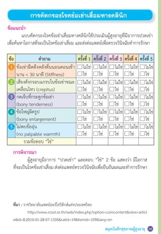 สมุดบันทึกสุขภาพผู้สูงอายุ
การคัดกรองโรคข้อเข่าเสื่อมทางคลินิก
					
การพิจารณา
	 ผู้สูงอายุมีอาการ “ปวดเข่า” และตอบ “ใช่” 2 ข้อ แสดงว่า มีโอกาส
ที่จะเป็นโรคข้อเข่าเสื่อม ส่งต่อแพทย์ตรวจวินิจฉัยเพื่อยืนยันผลและท�ำการรักษา
ที่มา : ราชวิทยาลัยแพทย์ออร์โธปิดิกส์แห่งประเทศไทย
	 http://www.rcost.or.th/web/index.php?option=comcontentview=articl
eid=8:2010-01-28-07-1335catid=19Itemid=109lang=en
ข้อแนะน�ำ
	 แบบคัดกรองโรคข้อเข่าเสื่อมทางคลินิกใช้ประเมินผู้สูงอายุที่มีอาการปวดเข่า
เพื่อค้นหาโอกาสที่จะเป็นโรคข้อเข่าเสื่อม และส่งต่อแพทย์เพื่อตรวจวินิจฉัยท�ำการรักษา
ครั้งที่ 1 ครั้งที่ 2 ครั้งที่ 3 ครั้งที่ 4 ครั้งที่ 5ข้อ ค�ำถาม
ไม่ใช่
ใช่
ไม่ใช่
ใช่
ไม่ใช่
ใช่
ไม่ใช่
ใช่
ไม่ใช่
ใช่
ไม่ใช่
ใช่
ไม่ใช่
ใช่
ไม่ใช่
ใช่
ไม่ใช่
ใช่
ไม่ใช่
ใช่
ไม่ใช่
ใช่
ไม่ใช่
ใช่
ไม่ใช่
ใช่
ไม่ใช่
ใช่
ไม่ใช่
ใช่
ไม่ใช่
ใช่
ไม่ใช่
ใช่
ไม่ใช่
ใช่
ไม่ใช่
ใช่
ไม่ใช่
ใช่
ไม่ใช่
ใช่
ไม่ใช่
ใช่
ไม่ใช่
ใช่
ไม่ใช่
ใช่
ไม่ใช่
ใช่
1	 ข้อเข่าฝืดตึงหลังตื่นนอนตอนเช้า
	 นาน  30 นาที (Stiffness)	
2	 เสียงดังกรอบแกรบในข้อเข่าขณะ
	 เคลื่อนไหว (crepitus)
3	 กดเจ็บที่กระดูกข้อเข่า
	 (bony tenderness)
4	 ข้อใหญ่ผิดรูป
	 (bony enlargement)	
5	 ไม่พบข้ออุ่น
	 (no palpable warmth)	
	      รวมข้อตอบ “ใช่”
26
 