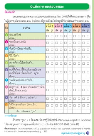 สมุดบันทึกสุขภาพผู้สูงอายุ
ครั้งที่ 1 ครั้งที่ 2 ครั้งที่ 3 ครั้งที่ 4 ครั้งที่ 5
ผิด ถูก ผิด ถูก ผิด ถูก ผิด ถูก ผิด ถูก
ข้อ ค�ำถาม
บันทึกการทดสอบสมอง
ข้อแนะน�ำ
	 แบบทดสอบสภาพสมอง:AbbreviatedMentalTest(AMT)ให้คัดกรองภาวะการรู้คิด
ในผู้สูงอายุ ด้วยการสอบถาม ซึ่งค�ำตอบที่ถูกจะต้องเป็นข้อมูลที่เป็นจริงขณะท�ำการสอบถาม
1 	 อายุ..เท่าไหร่
	 ค�ำตอบ……………………………..............….
2 	 ขณะนี้เวลา…อะไร
	 ค�ำตอบ……………………………..............….
3 	 ที่อยู่ปัจจุบันของท่านคือ..
	 ค�ำตอบ……………………………..............….
4 	 ปีนี้..ปีอะไร
	 ค�ำตอบ……………………………..............….
5 	 สถานที่ตรงนี้เรียกว่าอะไร..
	 ค�ำตอบ……………………………..............….
6 	 คนนี้คือใคร..(ชี้ที่คนสัมภาษณ์) และ	
	 คนนี้คือใคร..(ชี้ที่คนใกล้ๆ : ญาติ)
	 ค�ำตอบ……………………………..............….
7 	 วันเดือนปีเกิดของท่านคือ..
	 ค�ำตอบ……………………………..............….
8 	 เหตุการณ์ 14 ตุลา หรือวันมหาวิปโยค
	 เกิดในปี พ.ศ. อะไร
	 ค�ำตอบ……………………………..............….
9 	 รัชกาลที่ 9 มีพระนามว่าอะไร
	 ค�ำตอบ……………………………..............….
10	 ให้นับถอยหลังจาก 20 จนถึง 1
	 ค�ำตอบ……………………………..............….
28
การแปลผล
	 ถ้าตอบ “ถูก”  7 ข้อ แสดงว่า การรู้คิดผิดปกติ (Abnormal cognitive function)
ให้ส่งต่อบุคลากรทางสุขภาพเพื่อท�ำการประเมินด้วย MMSE-T 2002 (หน้า 47)
ดัดแปลงมาจาก : H.M.Hodkinson. (1972) Evaluate of mental test score for assessment of mental
impairment in the elderly Age and Aging 1. 233
	      จ�ำนวนข้อตอบ “ถูก”
 