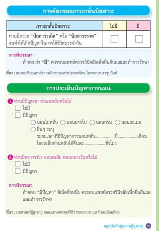 สมุดบันทึกสุขภาพผู้สูงอายุ31
ภาวะกลั้นปัสสาวะ ไม่มี มี
การคัดกรองภาวะกลั้นปัสสาวะ
การประเมินปัญหาการนอน
ท่านมีภาวะ “ปัสสาวะเล็ด” หรือ “ปัสสาวะราด”
จนท�ำให้เกิดปัญหาในการใช้ชีวิตประจ�ำวัน
การพิจารณา
	 ถ้าตอบว่า “มี” ควรพบแพทย์ตรวจวินิจฉัยเพื่อยืนยันผลและท�ำการรักษา
1. ท่านมีปัญหาการนอนหลับหรือไม่
	 ไม่มี
	 มีปัญหา
	 	 นอนไม่หลับ 	 นอนมากไป 	   นอนกรน 	 นอนละเมอ
	 	 อื่นๆ ระบุ
	 	 ระยะเวลาที่มีปัญหาการนอนหลับ..................ปี..................เดือน
	 	 โดยเฉลี่ยท่านหลับได้คืนละ....................ชั่วโมง
2. ท่านมีอาการง่วง อ่อนเพลีย ตอนกลางวันหรือไม่
	 ไม่มี
	 มีปัญหา
การพิจารณา
	 ถ้าตอบ  “มีปัญหา”  ข้อใดข้อหนึ่ง   ควรพบแพทย์ตรวจวินิจฉัยเพื่อยืนยันผล
	 และท�ำการรักษา
ที่มา : สมาคมศัลยแพทย์ระบบปัสสาวะแห่งประเทศไทย ในพระบรมราชูปถัมภ์
ที่มา : เวชศาสตร์ผู้สูงอายุ คณะแพทยศาสตร์ศิริราชพยาบาล มหาวิทยาลัยมหิดล
30
 