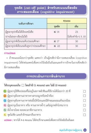 สมุดบันทึกสุขภาพผู้สูงอายุ
จุดตัด (cut-off point) ส�ำหรับคะแนนที่สงสัย
ภาวะสมองเสื่อม (cognitive impairment)
การประเมินภาวะกลืนล�ำบาก
50
การแปลผล
	 •	 ถ้าคะแนนน้อยกว่าจุดตัด แสดงว่า เป็นผู้สงสัยว่ามีภาวะสมองเสื่อม (cognitive
impairment) ให้ส่งต่อแพทย์เพื่อตรวจวินิจฉัยยืนยันผลและท�ำการรักษาในรายที่สงสัยว่า
มีภาวะสมองเสื่อม
ให้ระบุคะแนนใน โดยถ้ามี (1 คะแนน) และ ไม่มี (0 คะแนน)
1.	 ผู้สูงอายุใช้ฟันปลอมที่ไม่อยู่ในสภาพดี/ฟันแท้ใช้งานได้น้อยกว่า 20 ซี่
2. 	ผู้สูงอายุต้องทานอาหารทางสายจมูกหรือหน้าท้อง
3.	 ผู้สูงอายุต้องทานอาหารต่อมื้อได้น้อยและมีลักษณะผอมแห้งแรงน้อย
4.	 ผู้สูงอายุเบื่ออาหาร หรือ ทานอาหารซ�้ำๆ แต่ไม่ถูกหลักโภชนาการ
5.	 มีน�้ำลายไหล ตลอดเวลาที่ทานอาหาร
6.	 พูดไม่ชัด และส�ำลักขณะกลืนอาหาร
แปลผล : หากได้ 4-6 คะแนน ให้ส่งปรึกษาแพทย์เพื่อตรวจวินิจฉัยยืนยันผล
ผู้สูงอายุปกติไม่ได้เรียนหนังสือ 	 ≤ 14	 23
(อ่านไม่ออก-เขียนไม่ได้)	 	 (ไม่ต้องท�ำข้อ 4, 9, 10)
ผู้สูงอายุปกติเรียนระดับประถมศึกษา	 ≤ 17	 30
ผู้สูงอายุปกติเรียนระดับสูงกว่าประถมศึกษา       	 ≤  22	 30
ระดับการศึกษา	
					 คะแนน
จุดตัด เต็ม
 