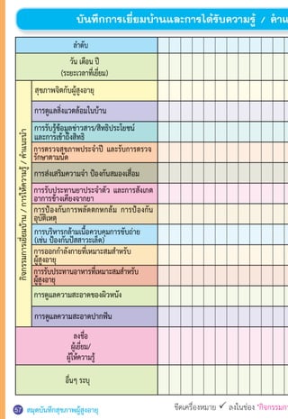 สมุดบันทึกสุขภาพผู้สูงอายุ57 ขีดเครื่องหมาย P ลงในช่อง กิจกรรมการเยี่ยม
 