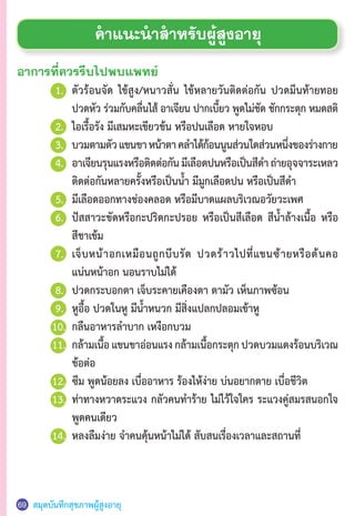 สมุดบันทึกสุขภาพผู้สูงอายุ
อาการที่ควรรีบไปพบแพทย์
	 1.	 ตัวร้อนจัด ไข้สูง/หนาวสั่น ไข้หลายวันติดต่อกัน ปวดมึนท้ายทอย
		ปวดหัว ร่วมกับคลื่นไส้ อาเจียน ปากเบี้ยว พูดไม่ชัด ชักกระตุก หมดสติ
	 2.	 ไอเรื้อรัง มีเสมหะเขียวข้น หรือปนเลือด หายใจหอบ
	 3.	 บวมตามตัวแขนขาหน้าตาคล�ำได้ก้อนนูนส่วนใดส่วนหนึ่งของร่างกาย
	 4.	 อาเจียนรุนแรงหรือติดต่อกันมีเลือดปนหรือเป็นสีด�ำถ่ายอุจจาระเหลว
		 ติดต่อกันหลายครั้งหรือเป็นน�้ำ มีมูกเลือดปน หรือเป็นสีด�ำ
	 5.	 มีเลือดออกทางช่องคลอด หรือมีบาดแผลบริเวณอวัยวะเพศ
	 6.	 ปัสสาวะขัดหรือกะปริดกะปรอย หรือเป็นสีเลือด สีน�้ำล้างเนื้อ หรือ
		 สีชาเข้ม
	 7.	 เจ็บหน้าอกเหมือนถูกบีบรัด ปวดร้าวไปที่แขนซ้ายหรือต้นคอ
		 แน่นหน้าอก นอนราบไม่ได้
	 8.	 ปวดกระบอกตา เจ็บระคายเคืองตา ตามัว เห็นภาพซ้อน
	 9.	 หูอื้อ ปวดในหู มีน�้ำหนวก มีสิ่งแปลกปลอมเข้าหู
	10.	 กลืนอาหารล�ำบาก เหงือกบวม
	11.	 กล้ามเนื้อแขนขาอ่อนแรงกล้ามเนื้อกระตุกปวดบวมแดงร้อนบริเวณ
		 ข้อต่อ
	12.	 ซึม พูดน้อยลง เบื่ออาหาร ร้องไห้ง่าย บ่นอยากตาย เบื่อชีวิต
	13.	 ท่าทางหวาดระแวง กลัวคนท�ำร้าย ไม่ไว้ใจใคร ระแวงคู่สมรสนอกใจ
		 พูดคนเดียว
	14.	 หลงลืมง่าย จ�ำคนคุ้นหน้าไม่ได้ สับสนเรื่องเวลาและสถานที่
ค�ำแนะน�ำส�ำหรับผู้สูงอายุ
69
	
	
	
	
	
	
	
	
	
	
	
	
	
	
	
	
	
		
	
	
	
	
	
	
	
 