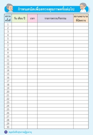 สมุดบันทึกสุขภาพผู้สูงอายุ
ก�ำหนดนัดเพื่อตรวจสุขภาพครั้งต่อไป
ตรวจ
ครั้งที่
วัน เดือน ปี เวลา รายการตรวจ/กิจกรรม
1
2
3
4
5
6
7
8
9
10
11
12
13
14
15
16
17
18
19
20
21
22
23
24
25
26
27
28
29
30
สถานพยาบาล
ที่นัดตรวจ
71
 