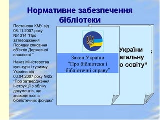 Закон України
“Про бібліотеки і
бібліотечні справу”
Постанова КМУ від
08.11.2007 року
№1314 “Про
затвердження
Порядку списання
об'єктів Державної
власності ”
Наказ Міністерства
культури і туризму
України від
03.04.2007 року №22
“Про затвердження
Інструкції з обліку
документів, що
знаходяться в
бібліотечних фондах”
 