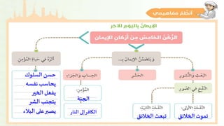 الجنة
النار إلىالكافر
السلوك حسن
نفسهيحاسب
الخير يفعل
الشر يتجنب
البالء علىيصبر
الخالئقتموتالخالئقتبعث