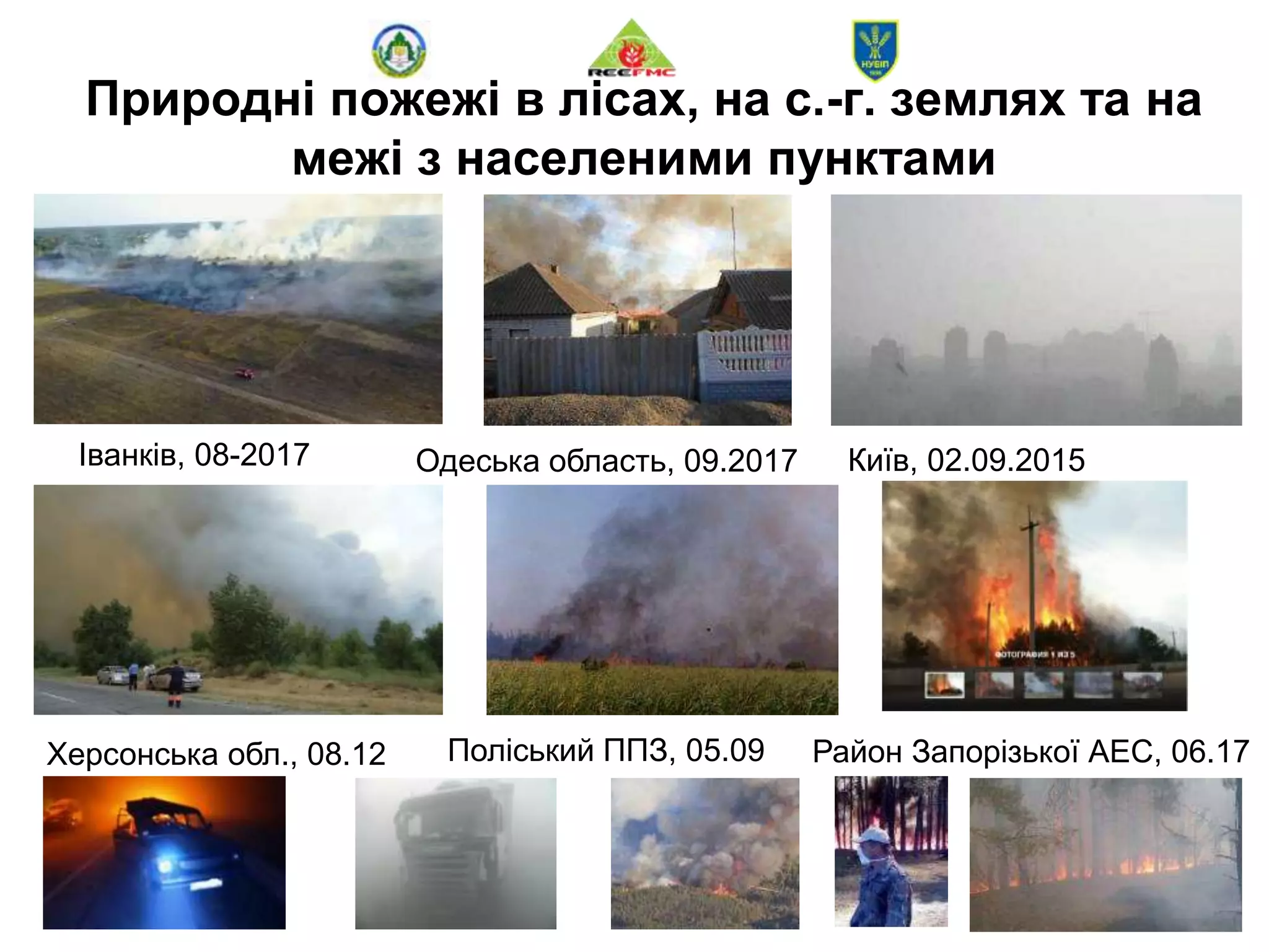Природні пожежі в лісах, на с.-г. землях та на
межі з населеними пунктами
Іванків, 08-2017 Одеська область, 09.2017 Київ, 02.09.2015
Херсонська обл., 08.12 Поліський ППЗ, 05.09 Район Запорізької АЕС, 06.17
 