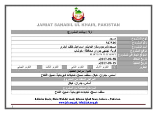JAMIAT SANABIL UL KHAIR, PAKISTAN
4-Karim block, Main Wahdat road, Allama Iqbal Town, Lahore – Pakistan.
info@jsk.org.pk,www.jsk.org.pk
2
:‫المشروع‬ ‫بيانات‬ : ‫أوال‬
‫المشروع‬ ‫نوع‬‫مسجد‬
‫المشروع‬ ‫رقم‬M7525
‫المشروع‬ ‫اسم‬‫العنزي‬ ‫خلف‬ ‫اسماعيل‬ ‫هللا/بندر‬ ‫باذن‬ ‫مسجد/المرحوم‬
‫المشروع‬ ‫موقع‬‫تھتھ‬ :‫قرية‬‫ی‬‫جو‬‫خوشاب‬ :‫محافظة‬ ‫راں‬
‫للمشروع‬ ‫الجغرافي‬ ‫الموقع‬32 18'7.51"N 72 21'16.96"E
‫التعاقد‬ ‫تاريخ‬28-09-2017‫م‬
‫التنفيذ‬ ‫تاريخ‬15-09-2017‫م‬
‫التقرير‬√‫االول‬ ‫التقرير‬‫الثاني‬ ‫التقرير‬‫الثالث‬ ‫التقرير‬‫النهائي‬ ‫التقرير‬
‫التنفيذ‬ ‫مراحل‬ : ‫ثانيا‬:
،‫مسح‬ ،‫سقف‬ ،‫هيكل‬ ،‫جدران‬ ،‫أساس‬‫افتتاح‬ ،‫صبغ‬ ،‫كھربائية‬ ‫تمديدات‬
‫المشروع‬ ‫من‬ ‫المنفذة‬ ‫المراحل‬
‫هيك‬ ،‫جدران‬ ،‫أساس‬‫ل‬
‫ال‬ ‫المراحل‬‫م‬ ‫متبقية‬‫المشروع‬ ‫ن‬
،‫مسح‬ ،‫سقف‬‫افتتاح‬ ،‫صبغ‬ ،‫كھربائية‬ ‫تمديدات‬
 