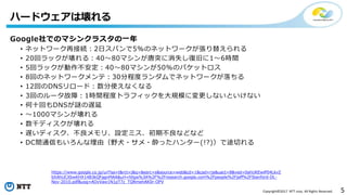 5Copyright©2017 NTT corp. All Rights Reserved.
Google社でのマシンクラスタの一年
• ネットワーク再接続：2日スパンで5%のネットワークが張り替えられる
• 20回ラックが壊れる：40～80マシンが唐突に消失し復旧に1～6時間
• 5回ラックが動作不安定：40～80マシンが50%のパケットロス
• 8回のネットワークメンテ：30分程度ランダムでネットワークが落ちる
• 12回のDNSリロード：数分使えなくなる
• 3回のルータ故障：1時間程度トラフィックを大規模に変更しないといけない
• 何十回もDNSが謎の遅延
• ～1000マシンが壊れる
• 数千ディスクが壊れる
• 遅いディスク、不良メモリ、設定ミス、初期不良などなど
• DC間通信もいろんな理由（野犬・サメ・酔ったハンター(!?)）で途切れる
ハードウェアは壊れる
https://www.google.co.jp/url?sa=t&rct=j&q=&esrc=s&source=web&cd=1&cad=rja&uact=8&ved=0ahUKEwiP04LkvZ
bXAhUCXbwKHX14B3kQFggnMAA&url=https%3A%2F%2Fresearch.google.com%2Fpeople%2Fjeff%2FStanford-DL-
Nov-2010.pdf&usg=AOvVaw1N1pT7z_TQRmehAK0r-OPV
 