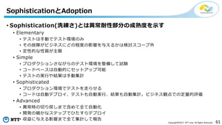 61Copyright©2017 NTT corp. All Rights Reserved.
• Sophistication(洗練さ)とは異常耐性部分の成熟度を示す
• Elementary
• テストは手動でテスト環境のみ
• その故障がビジネスにどの程度の影響を与えるかは検討スコープ外
• 定性的な性質が主眼
• Simple
• プロダクションさながらのテスト環境を整備して試験
• コードベースは自動的にセットアップ可能
• テストの実行や結果は手動集計
• Sophisticated
• プロダクション環境でテストを走らせる
• コードは自動デプロイ、テストも自動実行、結果も自動集計。ビジネス観点での定量的評価
• Advanced
• 異常時の切り戻しまで含めて全て自動化
• 開発の細かなステップでひたすらデプロイ
• 収益に与える影響まで全て集計して報告
SophisticationとAdoption
 