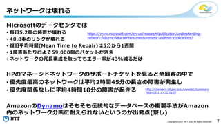 7Copyright©2017 NTT corp. All Rights Reserved.
Microsoftのデータセンタでは
• 毎日5.2個の装置が壊れる
• 40.8本のリンクが壊れる
• 復旧平均時間(Mean Time to Repair)は5分から1週間
• 1障害あたりおよそ59,000個のパケットが消失
• ネットワークの冗長構成を取ってもエラー率が43%減るだけ
HPのマネージドネットワークのサポートチケットを見ると全顧客の中で
• 優先度最高のネットワークは平均2時間45分の長さの障害が発生し
• 優先度関係なしに平均4時間18分の障害が起きる
AmazonのDynamoはそもそも伝統的なデータベースの複製手法がAmazon
内のネットワーク分断に耐えられないというのが出発点(察し)
ネットワークは壊れる
https://www.microsoft.com/en-us/research/publication/understanding-
network-failures-data-centers-measurement-analysis-implications/
http://citeseerx.ist.psu.edu/viewdoc/summary
?doi=10.1.1.472.5105
 