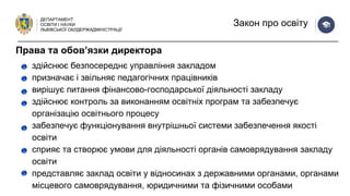 ДЕПАРТАМЕНТ
ОСВІТИ І НАУКИ
ЛЬВІВСЬКОЇ ОБЛДЕРЖАДМІНІСТРАЦІЇ
Закон про освіту
здійснює безпосереднє управління закладом
призначає і звільняє педагогічних працівників
вирішує питання фінансово-господарської діяльності закладу
здійснює контроль за виконанням освітніх програм та забезпечує
організацію освітнього процесу
забезпечує функціонування внутрішньої системи забезпечення якості
освіти
сприяє та створює умови для діяльності органів самоврядування закладу
освіти
представляє заклад освіти у відносинах з державними органами, органами
місцевого самоврядування, юридичними та фізичними особами
Права та обов’язки директора
 
