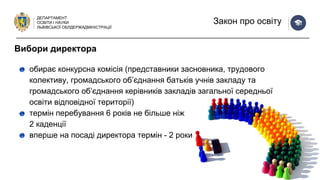 ДЕПАРТАМЕНТ
ОСВІТИ І НАУКИ
ЛЬВІВСЬКОЇ ОБЛДЕРЖАДМІНІСТРАЦІЇ
Закон про освіту
обирає конкурсна комісія (представники засновника, трудового
колективу, громадського об’єднання батьків учнів закладу та
громадського об’єднання керівників закладів загальної середньої
освіти відповідної території)
термін перебування 6 років не більше ніж
2 каденції
вперше на посаді директора термін - 2 роки
Вибори директора
 