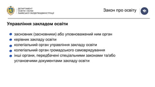 ДЕПАРТАМЕНТ
ОСВІТИ І НАУКИ
ЛЬВІВСЬКОЇ ОБЛДЕРЖАДМІНІСТРАЦІЇ
Закон про освіту
засновник (засновники) або уповноважений ним орган
керівник закладу освіти
колегіальний орган управління закладу освіти
колегіальний орган громадського самоврядування
інші органи, передбачені спеціальними законами та/або
установчими документами закладу освіти
Управління закладом освіти
 