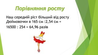Порівняння росту
Наш середній ріст більший від росту
Дюймовочки в 165 см :2,54 см =
16500 : 254 = 64,96 разів
 