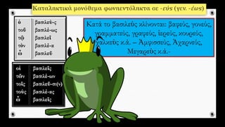 Κατά το βασιλεὺς κλίνονται: βαφεύς, γονεύς,
γραμματεύς, γραφεύς, ἱερεύς, κουρεύς,
χαλκεὺς κ.ά. – Ἀμφισσεύς, Ἀχαρνεύς,
Μεγαρεὺς κ.ά.-
 