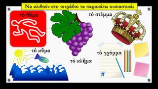 τό κῦμα
τό στέμμα
Να κλιθούν στο τετράδιο τα παρακάτω ουσιαστικά:
τό γράμμα
τό κλῆμα
τό θῦμα
 