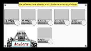 ἡ θλῖψις
(γεν. εν.)
τό καῦμα
(δοτ. εν.)
ἡ σύνεσις
(δοτ. εν.)
ὁ πορθμεύς
(αιτ. πληθ.)
ἡ κτῆσις
(αιτ. πληθ.)
ἡ πρᾶξις
(δοτ. πληθ.)
 
