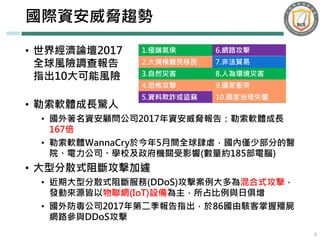 國際資安威脅趨勢
• 世界經濟論壇2017
全球風險調查報告
指出10大可能風險
• 勒索軟體成長驚人
• 國外著名資安顧問公司2017年資安威脅報告：勒索軟體成長
167倍
• 勒索軟體ＷannaCry於今年5月間全球肆虐，國內僅少部分的醫
院、電力公司、學校及政府機關受影響(數量約185部電腦)
• 大型分散式阻斷攻擊加遽
• 近期大型分散式阻斷服務(DDoS)攻擊案例大多為混合式攻擊，
發動來源皆以物聯網(IoT)設備為主，所占比例與日俱增
• 國外防毒公司2017年第二季報告指出，於86國由駭客掌握殭屍
網路參與DDoS攻擊
3
6.網路攻擊
7.非法貿易
8.人為環境災害
9.國家衝突
10.國家治理失靈
1.極端氣侯
2.大規模難民移民
3.自然災害
4.恐怖攻擊
5.資料欺詐或盜竊
 