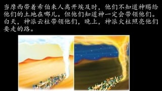 当摩西带着希伯来人离开埃及时，他们不知道神赐给
他们的土地在哪儿。但他们知道神一定会带领他们。
白天，神派云柱带领他们，晚上，神派火柱照亮他们
要走的路。
 