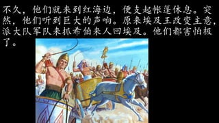 不久，他们就来到红海边，便支起帐篷休息。突
然，他们听到巨大的声响。原来埃及王改变主意，
派大队军队来抓希伯来人回埃及。他们都害怕极
了。
 