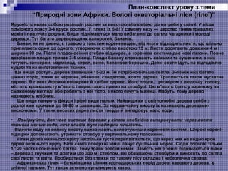 6
План-конспект уроку з теми
“Природні зони Африки. Вологі екваторіальні ліси (гілеї)”
Ярусність являє собою розподіл рослин за висотою відповідно до потреби у світлі. У лісах
помірного поясу 3-4 яруси рослин. У гілеях їх 6-8! У самому низу — царство тіневитривалих
мохів і повзучих рослин. Вище піднімаються мало вибагливі до світла чагарники і молоді
деревця. Тут багато деревовидних папоротей, бананів.
Банан, як не дивно, є травою з товстим кореневищем, від якого відходять листя, що щільно
прилягають один до одного, утворюючи стебло висотою 15 м. Листя досягають довжини 4 м і
ширини 90 см. Після плодоносіння стебло відмирає, а коренева система дає нові пагони. Повне
дозрівання плодів триває 3-4 місяці. Плоди банану споживають свіжими та сушеними, з них
готують консерви, мармелад, сироп, вино, бананове борошно. Деякі сорти ідуть на відгодівлю
худобі та на виготовлення тканин.
Ще вище ростуть дерева заввишки 15-20 м. Їм потрібно більше світла. З-поміж них багато
цінних порід, таких як червоне, ебенове, сандалове, жовте дерева. Трапляється також мускатне
дерево. В гілеях Африки поширене й хлібне дерево. Його плоди, розміром з людську голову,
містять крохмалисту м'якоть і виростають прямо на стовбурі. Цю м'якоть їдять у вареному чи
смаженому вигляді або роблять з неї тісто, з якого печуть млинці. Мабуть, тому дерево
називають хлібним.
Ще вище панують фікуси і різні види пальм. Найвищими є світлолюбні дерева сейби з
розлогими кронами до 60-80 м заввишки. За надзвичайну висоту їх називають деревами-
вискочками. У таких високих дерев листя тверде й випаровує мало води.
• Поміркуйте, для чого високим деревам у гілеях необхідно випаровувати через листя
якомога менше води, хоча опадів тут надмірна кількість.
Підняти воду на велику висоту важко навіть найпотужнішій кореневій системі. Широкі корені-
підпірки допомагають утримати стовбур у вертикальному положенні.
Гілки дерев нижнього ярусу настільки густо переплітаються, що через них не видно крон
дерев верхнього ярусу. Біля самої поверхні землі панує суцільний морок. Сюди досягає тільки
1/120 частка сонячного світла. Тому трави зовсім немає. Замість неї з землі піднімаються ліани
– дерева з гнучким та довгим (до 300 м) стеблом, які обвиваючи стовбури й виносять до світла
свої листя та квіти. Пробиратися без стежки по такому лісу складна і небезпечна справа.
Африканська гілея – батьківщина цінних господарських порід дерев: кавового дерева,
олійної пальми. Тут також активно культивують какао.
 