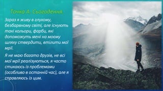 Зараз я живу в глухому,
безбарвному світі, але існують
такі кольори, фарби, які
допоможуть мені на моєму
шляху ствердити, втілити мої
мрії.
Я не маю багато друзів, не всі
мої мрії реалізуються, я часто
стикаюсь із проблемами
(особливо в останній час), але я
справляюсь із цим.
 