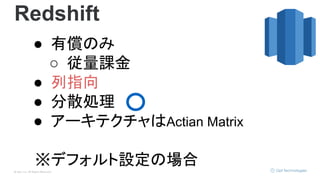 © Opt, Inc. All Rights Reserved.
Redshift
● 有償のみ
○ 従量課金
● 列指向
● 分散処理　
● アーキテクチャはActian Matrix
※デフォルト設定の場合
 