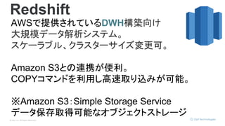 © Opt, Inc. All Rights Reserved.
Redshift
AWSで提供されているDWH構築向け
大規模データ解析システム。
スケーラブル、クラスターサイズ変更可。
Amazon S3との連携が便利。
COPYコマンドを利用し高速取り込みが可能。
※Amazon S3：Simple Storage Service
データ保存取得可能なオブジェクトストレージ
 
