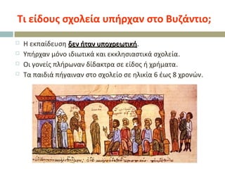 Τι είδους σχολεία υπήρχαν στο Βυζάντιο;
 Η εκπαίδευση δεν ήταν υποχρεωτικήδεν ήταν υποχρεωτική.
 Υπήρχαν μόνο ιδιωτικά και εκκλησιαστικά σχολεία.
 Οι γονείς πλήρωναν δίδακτρα σε είδος ή χρήματα.
 Τα παιδιά πήγαιναν στο σχολείο σε ηλικία 6 έως 8 χρονών.
 