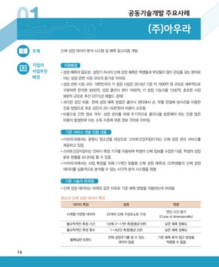 14
01 (주)아우라
공동기술개발 주요사례
기업의
사업추진
배경
•‌성장 예측의 필요성: 성장기 자녀의 신체 성장 예측은 학생들과 부모들이 많이 관심을 갖는 분야로
이는 성장 관련 시장 규모의 증가로 이어짐
•‌성장 관련 시장 규모: 대한민국의 키 성장 시장은 2014년 기준 약 7600억 원 규모로 세부적으로
구분하면 한의원 3600억, 성장 클리닉 센터 1600억, 키 성장 기능식품 1500억, 호르몬 시장
900억 규모로 추산 (2015년 헤럴드 경제)
•‌과다한 검진 비용: 현재 성장 예측 방법은 클리닉 센터에서 손, 무릎 관절에 방사선을 이용한
진료 방법으로 최초 검진시 20~50만원의 비용이 소모됨
•‌비용으로 인한 정보 격차: 성장 관리를 위해 주기적으로 클리닉을 방문해야 하는 만큼 많은
비용이 발생하며 이는 소득 수준에 따른 정보 격차로 이어짐
•‌(주)아우라에서는 광명시 청소년을 대상으로 ‘스마트건강지킴이’라는 신체 성장 관리 서비스를
제공하고 있음
•‌스마트건강지킴이는 인바디 측정 기구를 이용하여 학생의 신체 정보를 수집한 다음, 학생의 성장
분포 현황을 모니터링 할 수 있음
•‌(주)아우라에서는 사업 확장을 위해 (1)개인 맞춤형 신체 성장 예측과, (2)학생들의 신체 성장
데이터를 심층적으로 분석할 수 있는 시각적 분석 시스템을 원함
•‌신체 성장 데이터는 아래와 같은 이유로 기존 예측 방법을 적용하는데 어려움
신체 성장 데이터 분석 시스템 및 예측 알고리즘 개발주제
지원배경
기존 서비스 개발 진행 내용
기존 기술의 한계점
데이터 특징 설명 영향
시계열 다변량 데이터 22개의 신체 구성요소로 구성
연산 시간 증가
(Curse of dimensionality)
불규칙적인 측정 기간 1년에 2~17번 측정(평균 6번) 낮은 예측 정확도
불규칙적인 측정 횟수 1~4년간 측정(평균 2년) 낮은 예측 정확도
불확실한 트렌드
전체 성장주기를 알 수 있는
데이터 없음
기존 예측 분석 접근 방법을
적용할 수 없음
청소년 신체 성장 데이터 특징
ABRC-3.indd 14 2017-11-02 오전 1:31:12
 
